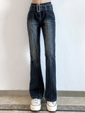 Dark Y2k Low Waist Punk Do Old Women Jeans Punk Gothic Fall Flare Denim Pants With Sashes Gothic Eyelet Patchwork