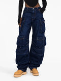 Fongt Wind Jeans Pants Women's Autumn 2024 New Lazy Cargo Pants Mop Straight Pocket Wide Leg Pants-Outfit