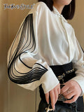 TWOTWINSTYLE Straight Patchwork Shirt For Women Lapel Lantern Sleeve Colorblock Loose Blouses Female Clothing Style 2022
