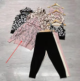 Women Knitted 3 Piece Sets Chic Leopard Print Hooded Cardigan+Crop Tops+ Knitted Harem Pants Outfits Korean Sweater
