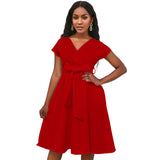 Fongt V-Neck Solid Color Waist Bow Tie With Large Swing Dress Dress Dress Dress Dress Dress