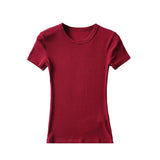 Summer New Women's Elastic Thread Solid Color T-Shirt Basic Short-Sleeved Large Round Neck Long Blouse-Outfit