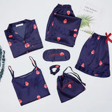 Spring 7 Pieces Set Silk Elegant Women Pajamas stripe Shorts Long Sleeve Tops Elastic Waist Pants Full Lounge