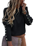 Women Metal Button Long Sleeve Shirts Ladies Casual O-Neck Solid Print Blouses Plus Size XXXL Fall European