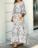 Fongt Women's Summer New Loose Print Long-Sleeved Top High Waist Half-Body Large-Size Dress Set