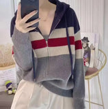 2024 New Color Striped Double Zipper Hat Knitted Cardigan Women's Loose Thin Sweater Jacket-Outfit
