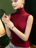 Autumn Basic Mesh Tank Girls Turtleneck Elastic Slim Sheath Top Female Solid Simple Sleeveless Tees Tshirts-Outfit