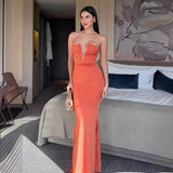 Fongt New Women's Breasts Deep V Bare Shoulders Solid Tectored Tectored Dress