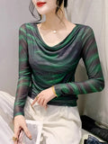 Spring Summer Double-Layer Mesh Top Long Sleeve Printing T-shirt Woman Slim Fitting Tee For Female-Outfit