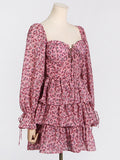 Fongt Spring New Fashion Fresh Sweet Wind Tling With Belt Print Bubble Sleeve Bra Short Dress