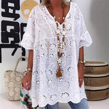 Fongt Women's New V-Neck Hollow Embroidered Blouse Short-Sleeved