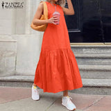 Summer Solid Maxi Dress ZANZEA Sleeveless A Line Robe Fashion Casual Ruffle Dresses Womens Elegant Beach