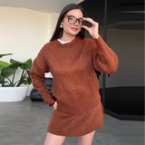 Fongt Winter New Solid Color High-Collar Lazy Knitwear Design Skirt Dress Suit