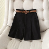 2021 Summer New Women Elegant Solid Cotton Shorts with Belt Pockets OL Shorts Pantalones