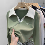 Short Style Polo Shirt Embroidered Alphabet Design Sense Minority Lapel Clavicle V-Collar Blouse Long-Sleeved T-Shirt Women's