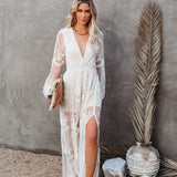 Fongt New Women's Lace Long-Sleeved V-Neck Solid Chiffon Summer Dress
