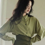 Fongt 2025 New Elegant Senior Shirt Skirt Tide French Green Asymmetric Collar Retro Suit Woman