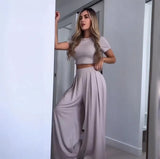 Fongt Summer Women's Round Neck Solid Color Sexy Wide Leg Pants Fashion Casual Suit Woman