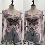 Real Shooting Amount Of Bumpy Tulle Spliced Denim Butterfly Design Sunscreen Coat V Collar Short T-Shirt