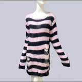Fongt Version Of The Hollow Hole In The Long Sweater Female Lovers Stripes Loose Color Dark Versatile Knit Niche-Outfit