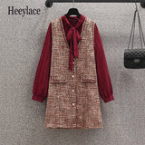 Vintage Fragrance Suits Autumn Red Long Sleeve Bow Collar Blouse And Tweed Vest Dresses Two Pieces Sets