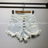 Summer New High Waist Hole Breasted Denim Shorts Female Show Thin Korean Version Of Wide Leg Pants Edge A Word Sexy Hot Pants-Outfit