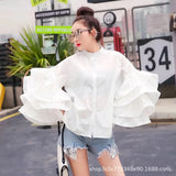 Shirt Woman Multilayer Flounce Horn Sleeve Shirt Loose Versatile Small Stand-Outfit