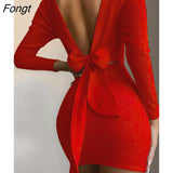 Back Knotted Long Sleeve Bodycon Dress Women Solid Low Cut Mini Party