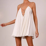 Chain Satin Low Back Swing Dress with Iridescent Crystal Straps and Deep V Neck Sexy Celebrity Party Club Y2K