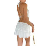 Fongt Summer Women's Dress Solid Color Dew Back Tie Hanging Neck Diamond Wave Belly Pocket