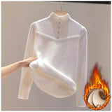 Women Winter Mock Neck Plush Lined Sweater Casual Thicken Warm Knit Tops Korean Slim Pullover Soft Plus Velvet Knitwear