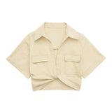 Fongt 2025 Color Elastic New Women's Knot Short Shirt Linen Blend