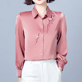 Vintage Women's Shirt Blouses for Women Solid Embroidered Long Sleeve Top Woman Polo Neck Clothing Female Button Up Basic