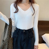 Style Autumn Sweater Women V Neck Long Sleeve Knitted Ribbed Bottoming Sweaters Pullover