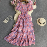 Fongt Floral And Haffin Dress Women's New Summer Bubble Short Sleeves To Close The Waist Thin Holiday High-End Cake Dress