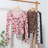 Pink V-Neck Velvet Bow Single Buckle Buckle Coat On The Head Short Long-Sleeved Mesh T-Shirt