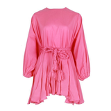Spring Hit Color Patchwork Womens Dress O Neck Puff Sleeve Bandage Pleated Dresses Female 2022 Casual Fashion