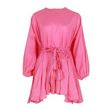 2022 Summer A Line Women's Dress O Neck Long Sleeve High Waist Sashes Slim Rose Color Mini Dresses Female
