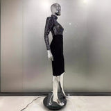 Black Half-High Collar Hot Diamond Small Long Sleeves Long Splicing Bandage Long Bag Of Hip Dress Dress