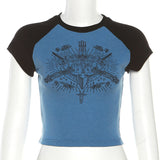 Punk Print Raglan Short Sleeve Crop Top-Outfit