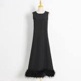 Fongt New Spring 2024 Round Collar Sleeveless Hem Stitching Feather Dress-Outfit