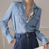 Solid Color Stylish Epaulet Blouse Female Clothing Long Sleeve Single-breasted Casual Pockets Commute Polo-Neck Shirt-Outfit