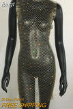 Sale Fishnet Bling Crystal Diamonds Dress Grid Sleeveless O Neck Sexy See Through Women Skinny Mini Dresses Night