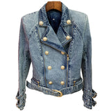 Fongt 2025 New Women's Coat Lion Buckle Double Zipper Wash Denim Locomotive Small Suit Jacket