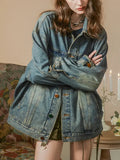 Fongt Sense Denim Jacket Female Spring And Autumn Outfit 2024 New Popular Logo Loose Niche Retro Do Old Jacket Bf Jacket-Outfit