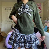 Vintage Skull Graphic Zip Up Hoodie-Outfit
