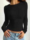Summer Slim Solid Color Casual T-Shirt Crew Neck Long Sleeves Soft Slight Stretch Sports Tee women's Tops-Outfit