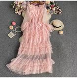 Fongt High-End Feel Leaf Edge Mesh Cake Dress Women's Waist Thin Temperament A Word Shoulder Super Fairy Long Skirt