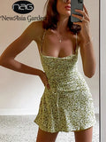 floral Camisole Dress Lace up Cut out Square Collar Backless Low Cut Mini Bodycon Vestidos Summer Freshness Sexy