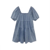 Girly Style Retro Square Collar Puff Sleeve Denim Skirt All-Matching Youthful-Looking Dress Women's Summer Denim